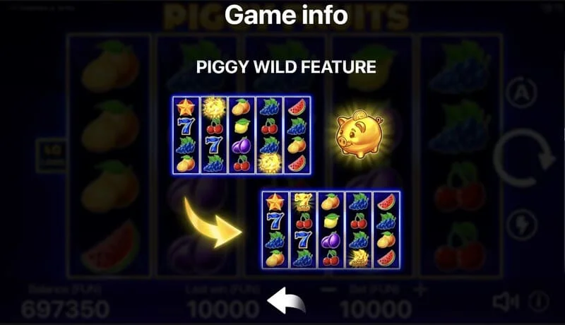 Piggy Fruits - ekrani i lojës me rrjetën 5x4 dhe simbole frutash